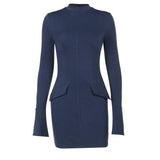 Fashion Long Sleeve Dress With Two Pockets Slim Bodycon Hip Short Dress For Women - AL MONI EXPRESS