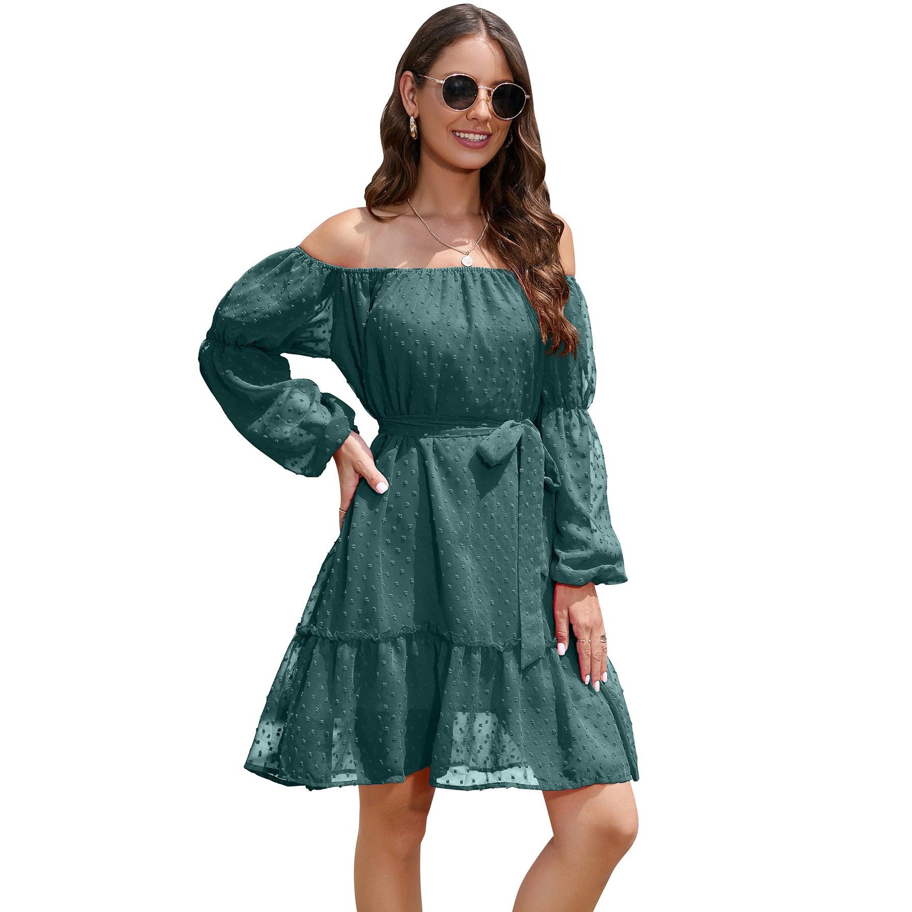 Fashion One-shoulder Long Sleeve Dress For Women Tie Waist Off-shoulder Bubble Dot Ruffle Design Chiffon Dress - AL MONI EXPRESS