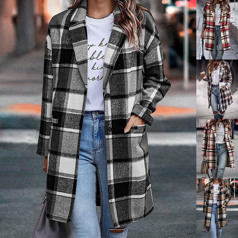 Fashion Plaid Long Jacket With Pockets Autumn And Winter New Style Turndown Collar Woolen Coat Outdoor Women Clothing - Almoni Express