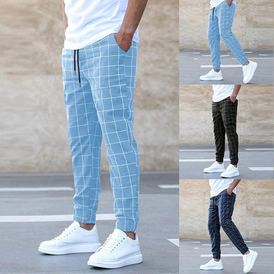 Fashion Plaid Print Pants Men's Casual Drawstring Trousers - AL MONI EXPRESS