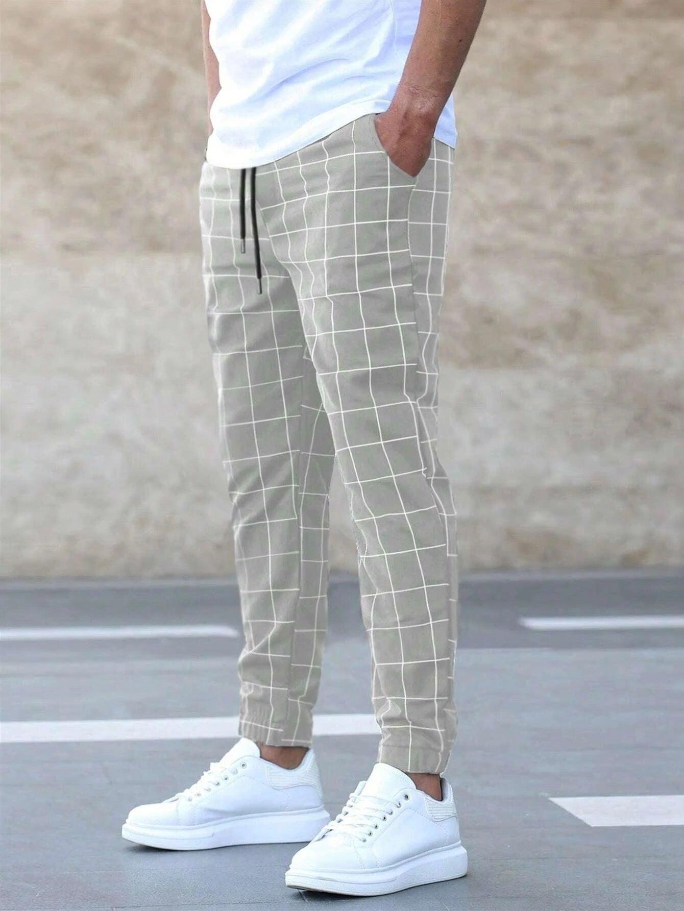 Fashion Plaid Print Pants Men's Casual Drawstring Trousers - AL MONI EXPRESS