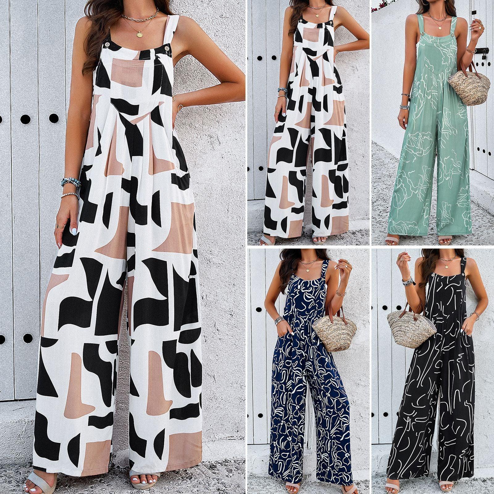 Fashion Print Square Neck Jumpsuit With Pockets Spring Summer Casual Loose Overalls Womens Clothing - AL MONI EXPRESS