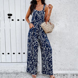 Fashion Print Square Neck Jumpsuit With Pockets Spring Summer Casual Loose Overalls Womens Clothing - AL MONI EXPRESS