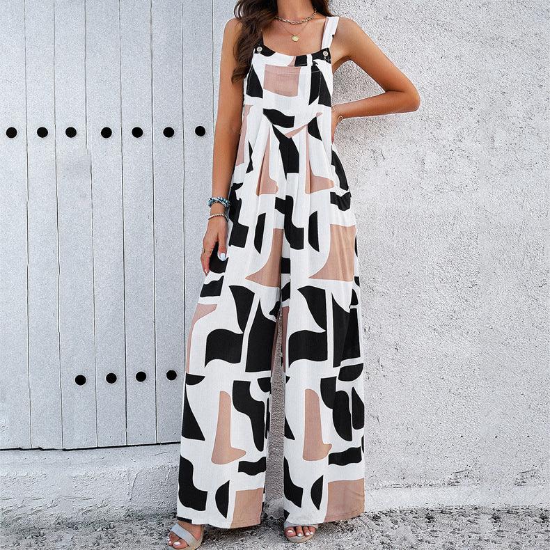 Fashion Print Square Neck Jumpsuit With Pockets Spring Summer Casual Loose Overalls Womens Clothing - AL MONI EXPRESS