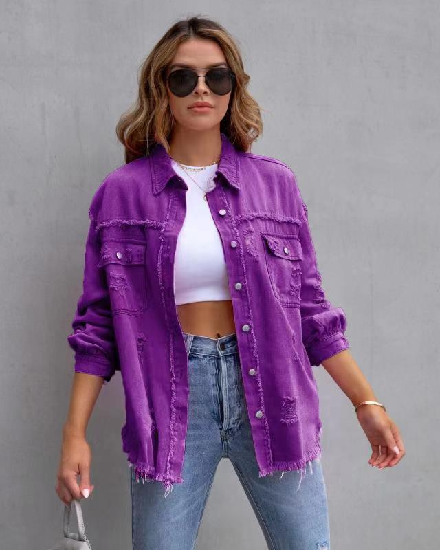 Fashion Ripped Shirt Jacket Female Autumn And Spring Casual Tops Womens Clothing - Almoni Express