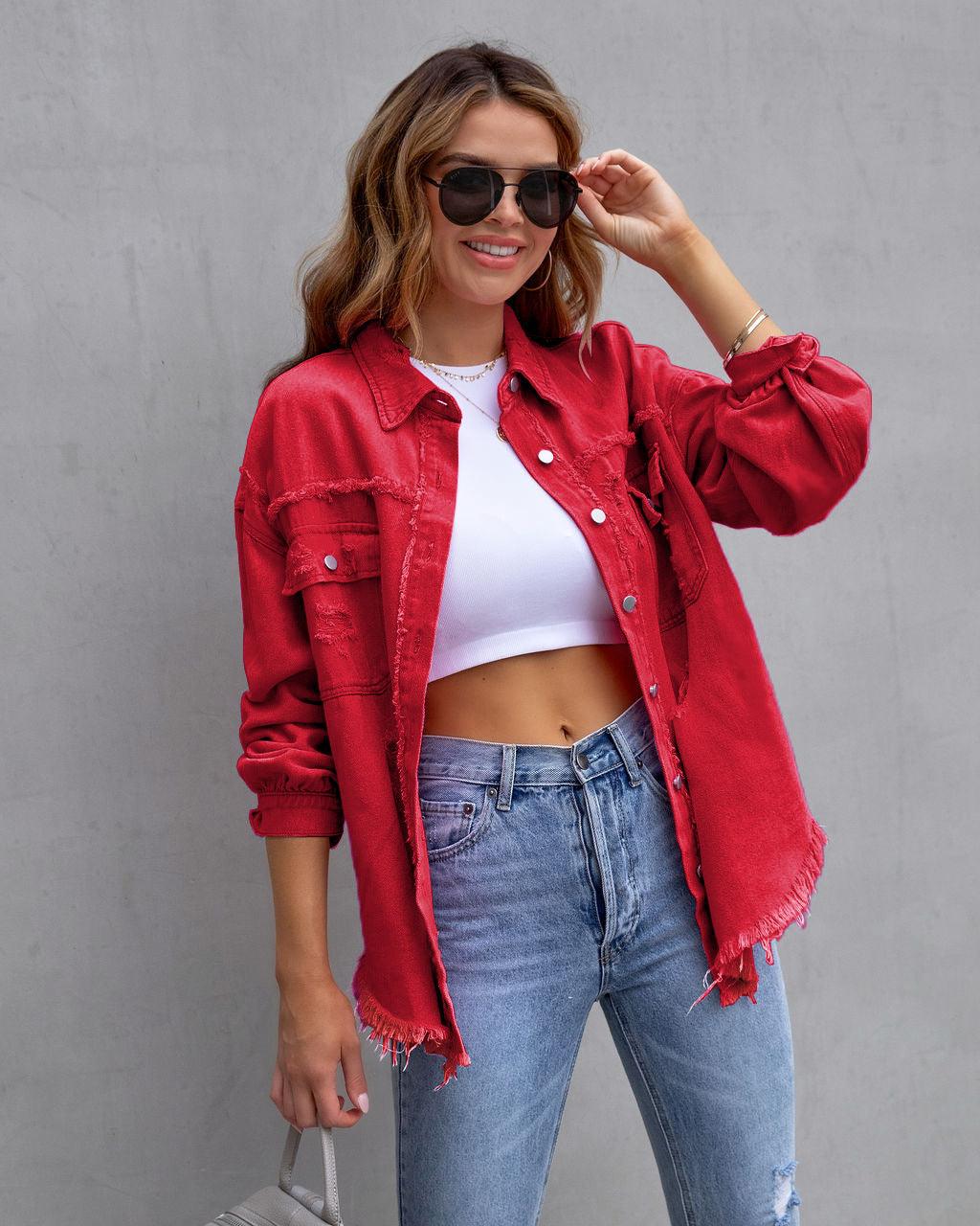 Fashion Ripped Shirt Jacket Female Autumn And Spring Casual Tops Womens Clothing - Almoni Express