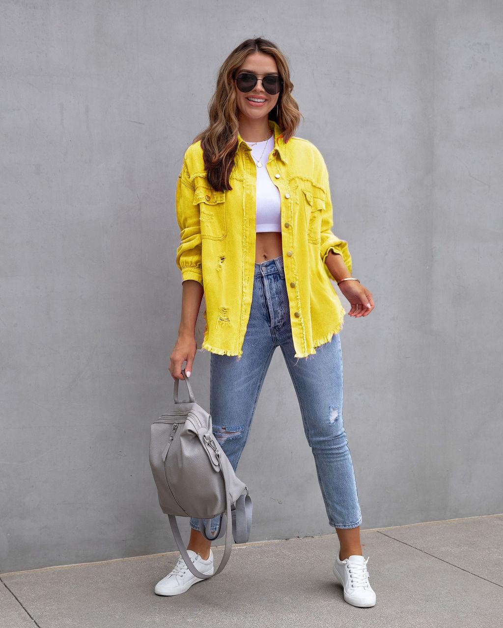 Fashion Ripped Shirt Jacket Female Autumn And Spring Casual Tops Womens Clothing - Almoni Express