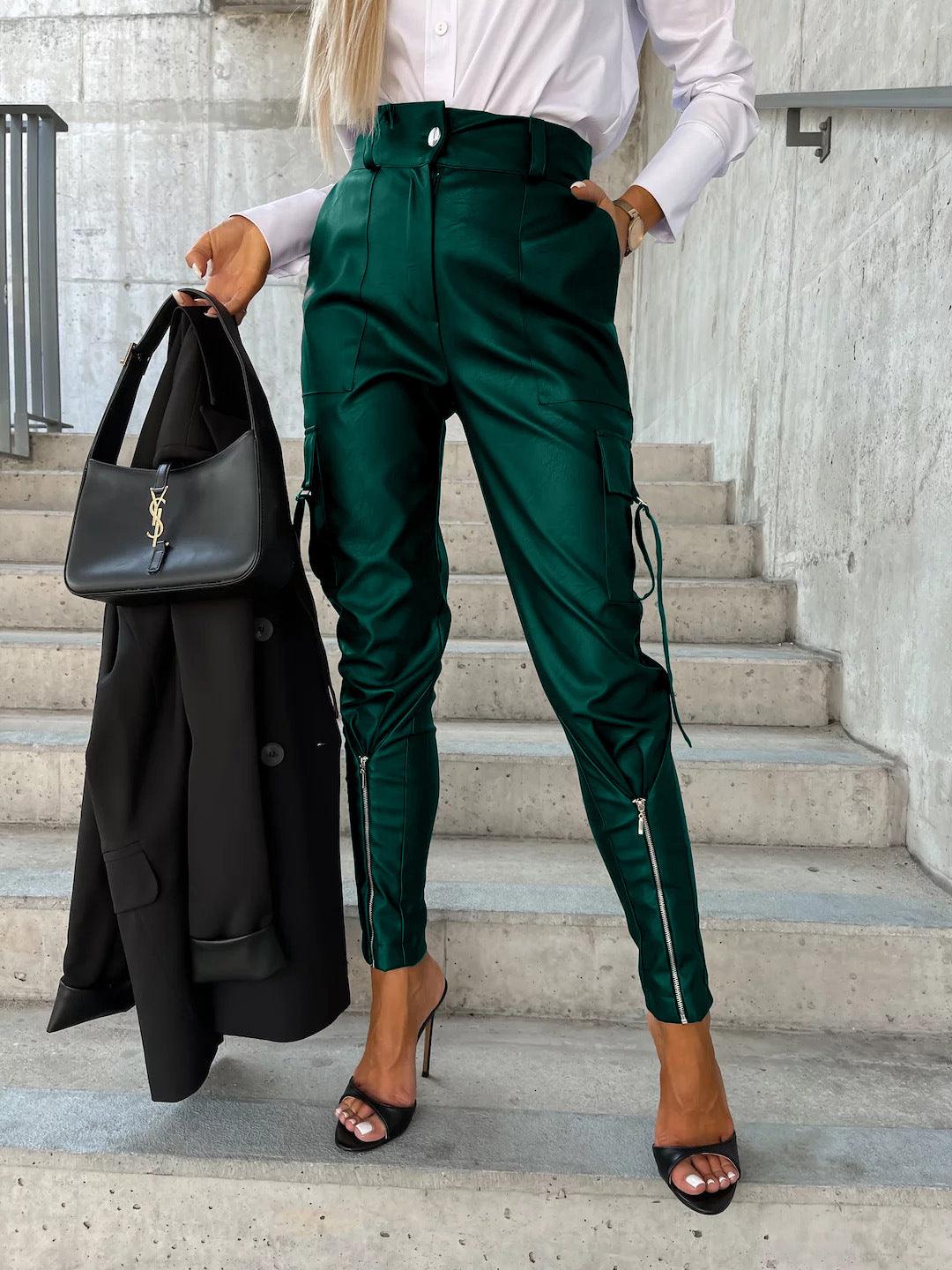 Fashion Slim-fitting Leather Trousers Women Waist-cinching Zipper Design Pants With Pockets - AL MONI EXPRESS