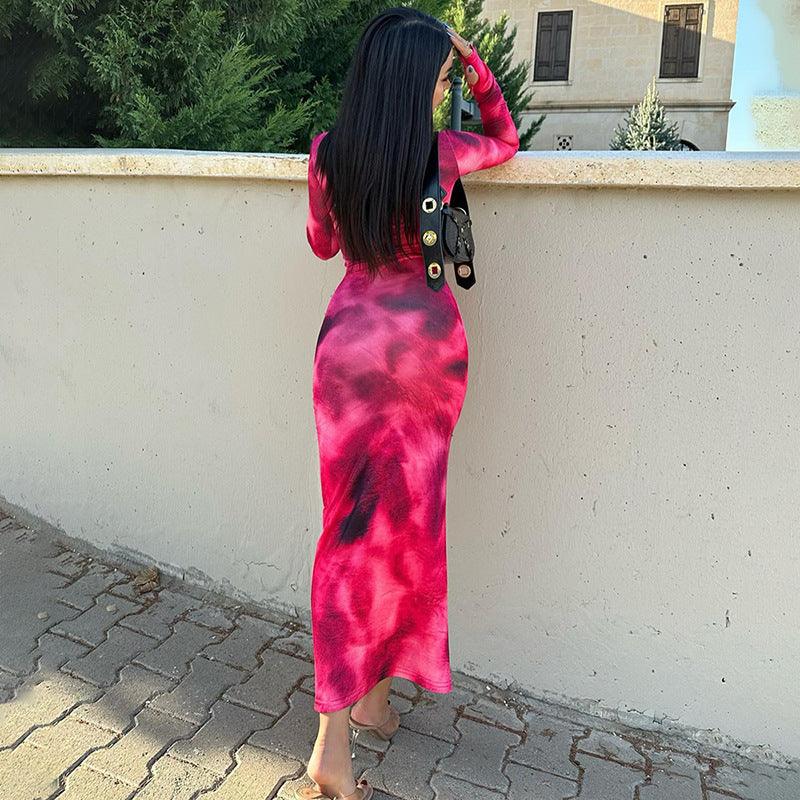 Fashion Tie-dye Long-sleeved Dress Slim Fit Hip-hugging Long Dress Womens Clothing - AL MONI EXPRESS