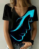 Fashion Women's Wear Abstract Portrait T-shirt Print Summer V-neck Shirt - Almoni Express