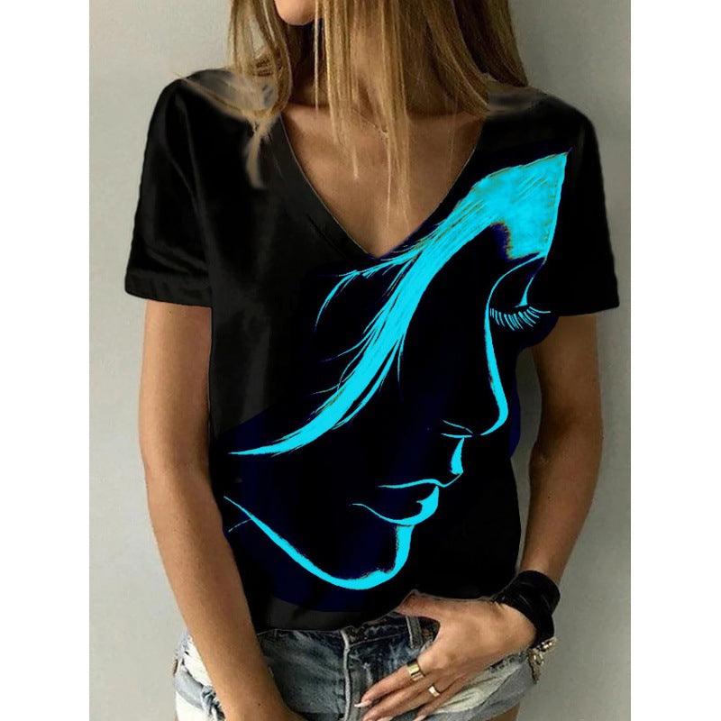 Fashion Women's Wear Abstract Portrait T-shirt Print Summer V-neck Shirt - Almoni Express