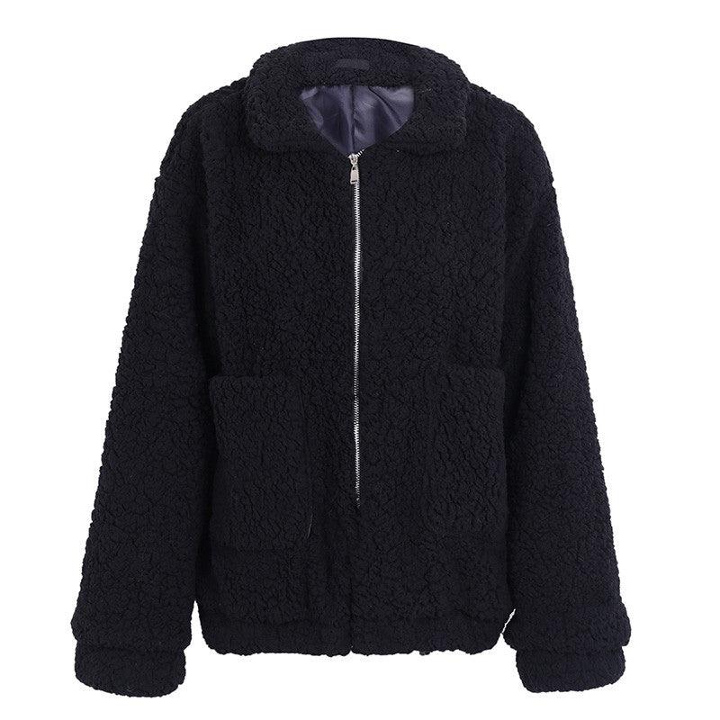 Faux lambswool oversized jacket coat Winter black warm hairly jacket Women autumn outerwear - Almoni Express