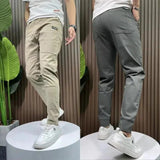 Men's Ice Silk Stitching Six-pocket Embroidery High Elastic Casual Pants