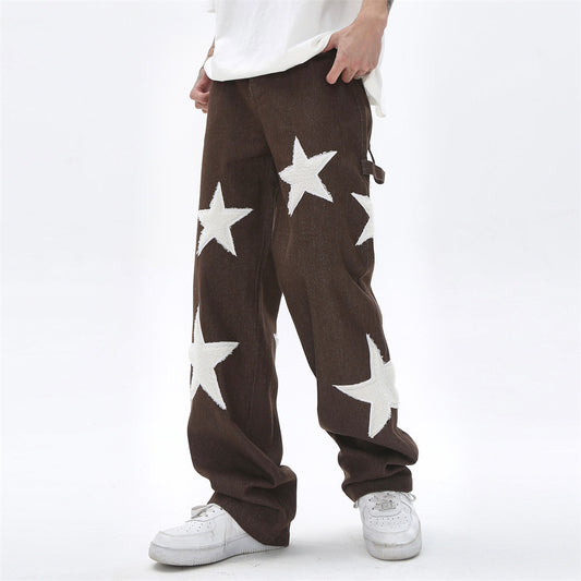 Five Pointed Star Flocking Embroidered Jeans For Men