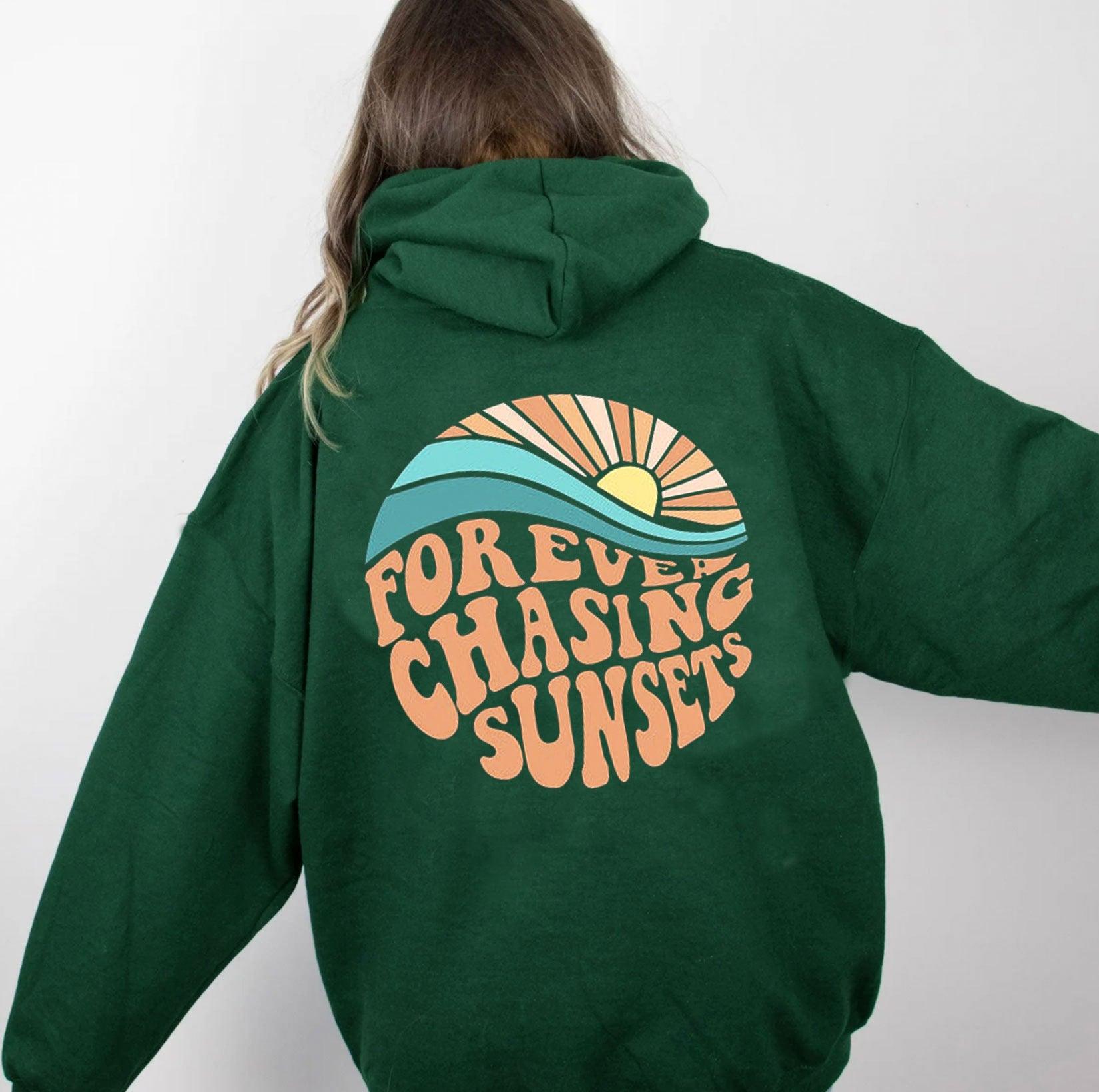 Fleece-lined Sunset Print Kangaroo Pocket Drawstring Hoodie - AL MONI EXPRESS