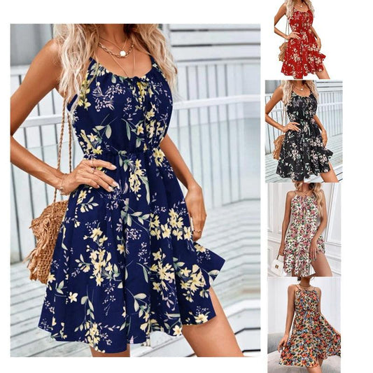 Floral Print Suspender Dress With Elastic Waist Design Fashion Summer Short Dresses Womens Clothing - AL MONI EXPRESS