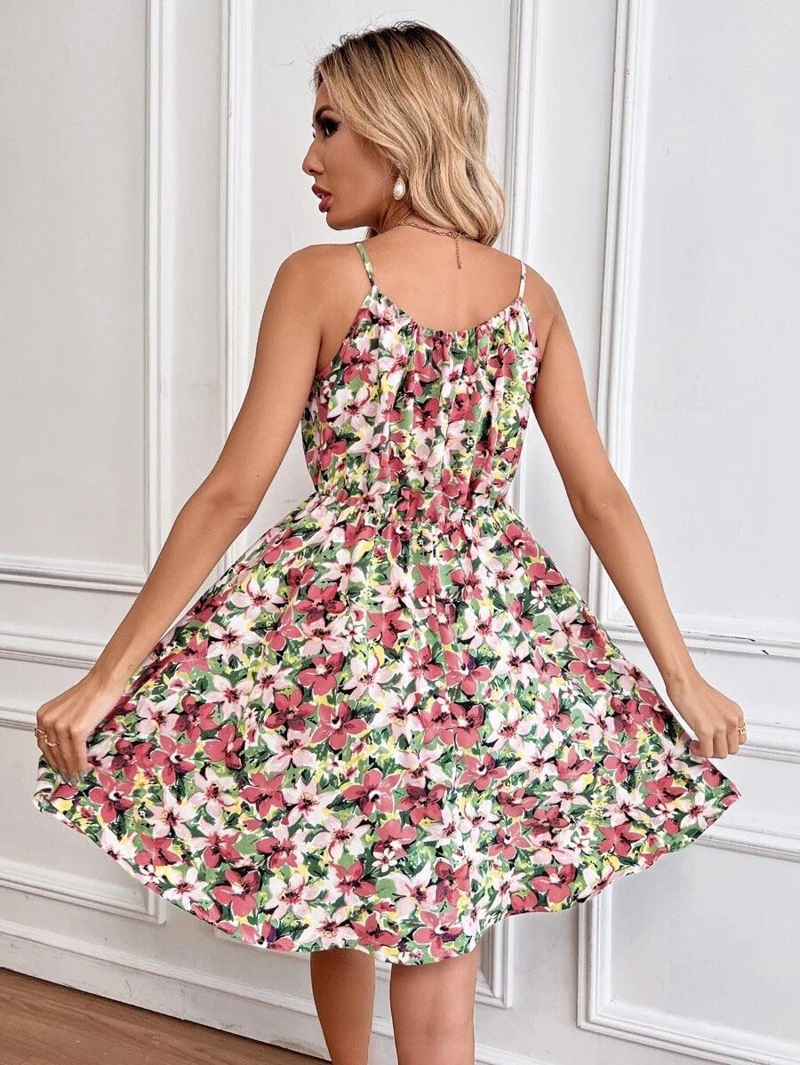 Floral Print Suspender Dress With Elastic Waist Design Fashion Summer Short Dresses Womens Clothing - AL MONI EXPRESS