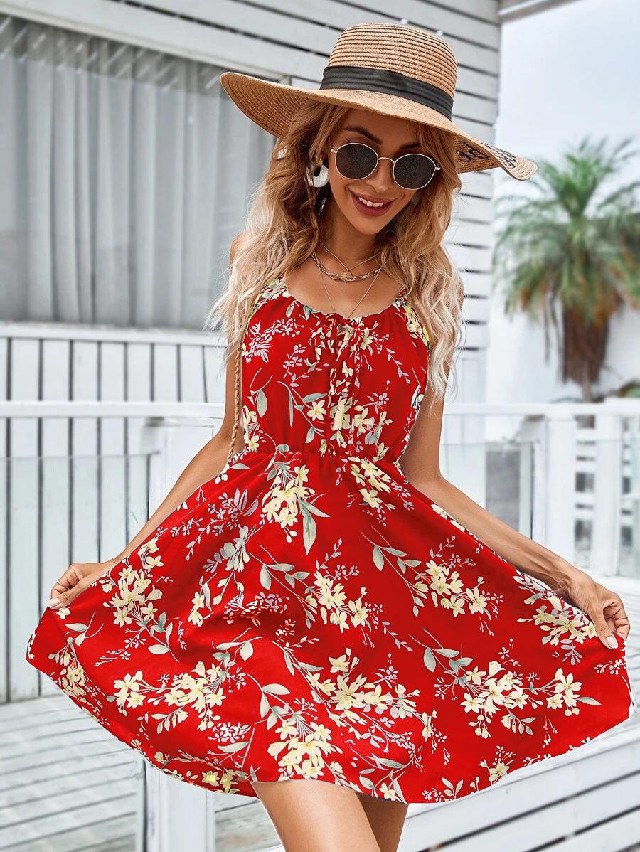 Floral Print Suspender Dress With Elastic Waist Design Fashion Summer Short Dresses Womens Clothing - AL MONI EXPRESS