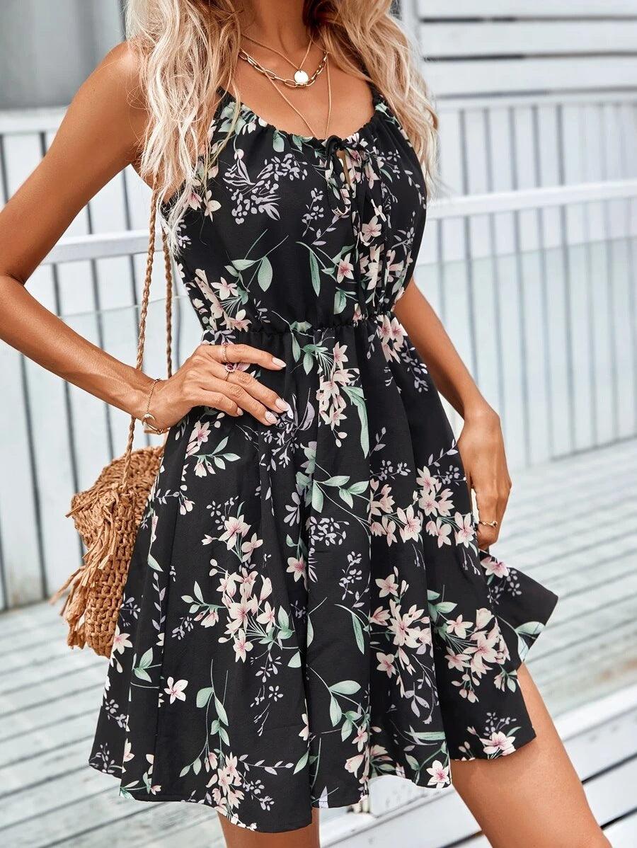 Floral Print Suspender Dress With Elastic Waist Design Fashion Summer Short Dresses Womens Clothing - AL MONI EXPRESS