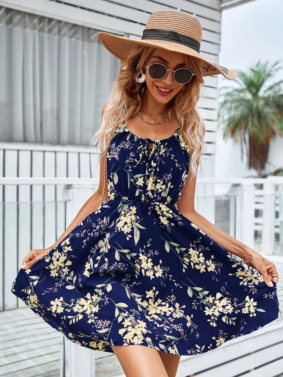 Floral Print Suspender Dress With Elastic Waist Design Fashion Summer Short Dresses Womens Clothing - AL MONI EXPRESS