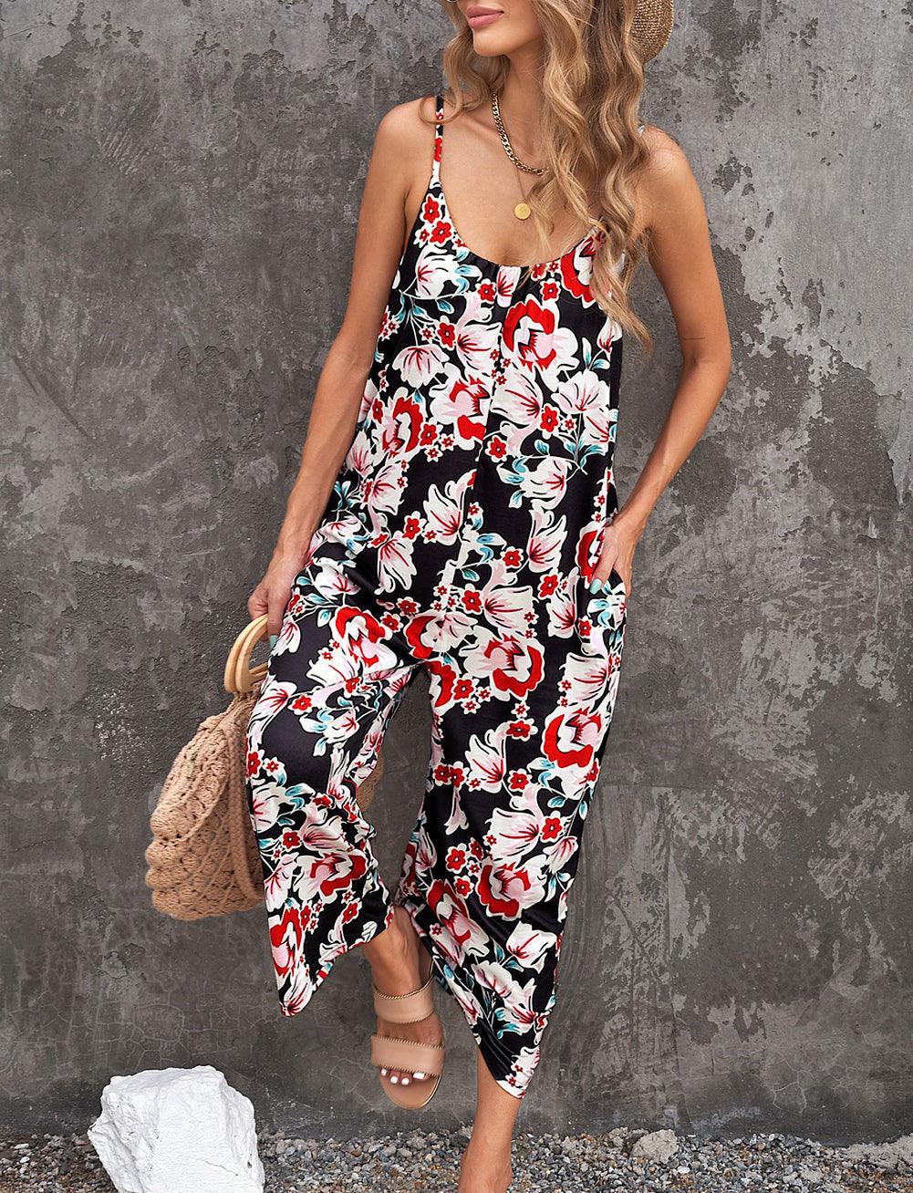 Flowers Print Suspender Jumpsuit With Pockets Spring Summer Fashion Round-neck Overalls For Womens Clothing - AL MONI EXPRESS