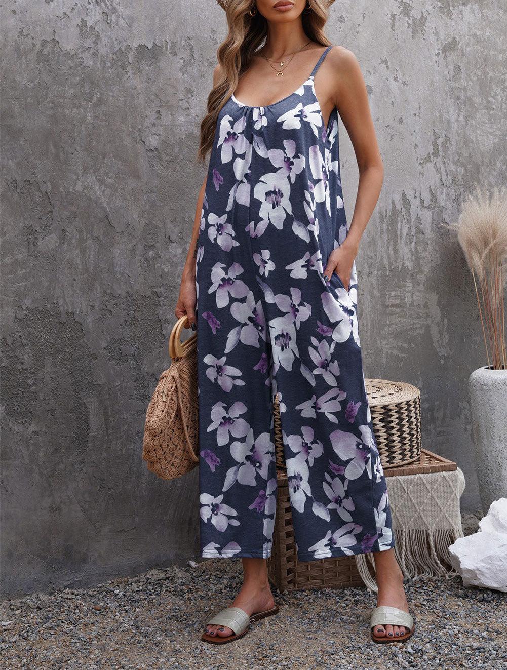 Flowers Print Suspender Jumpsuit With Pockets Spring Summer Fashion Round-neck Overalls For Womens Clothing - AL MONI EXPRESS