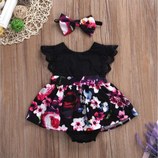 Foreign Trade European Beauty Baby One-Piece Ha Skirt Romper Summer Short-Sleeved New Style Flying Sleeve Flower Children's Print - Almoni Express