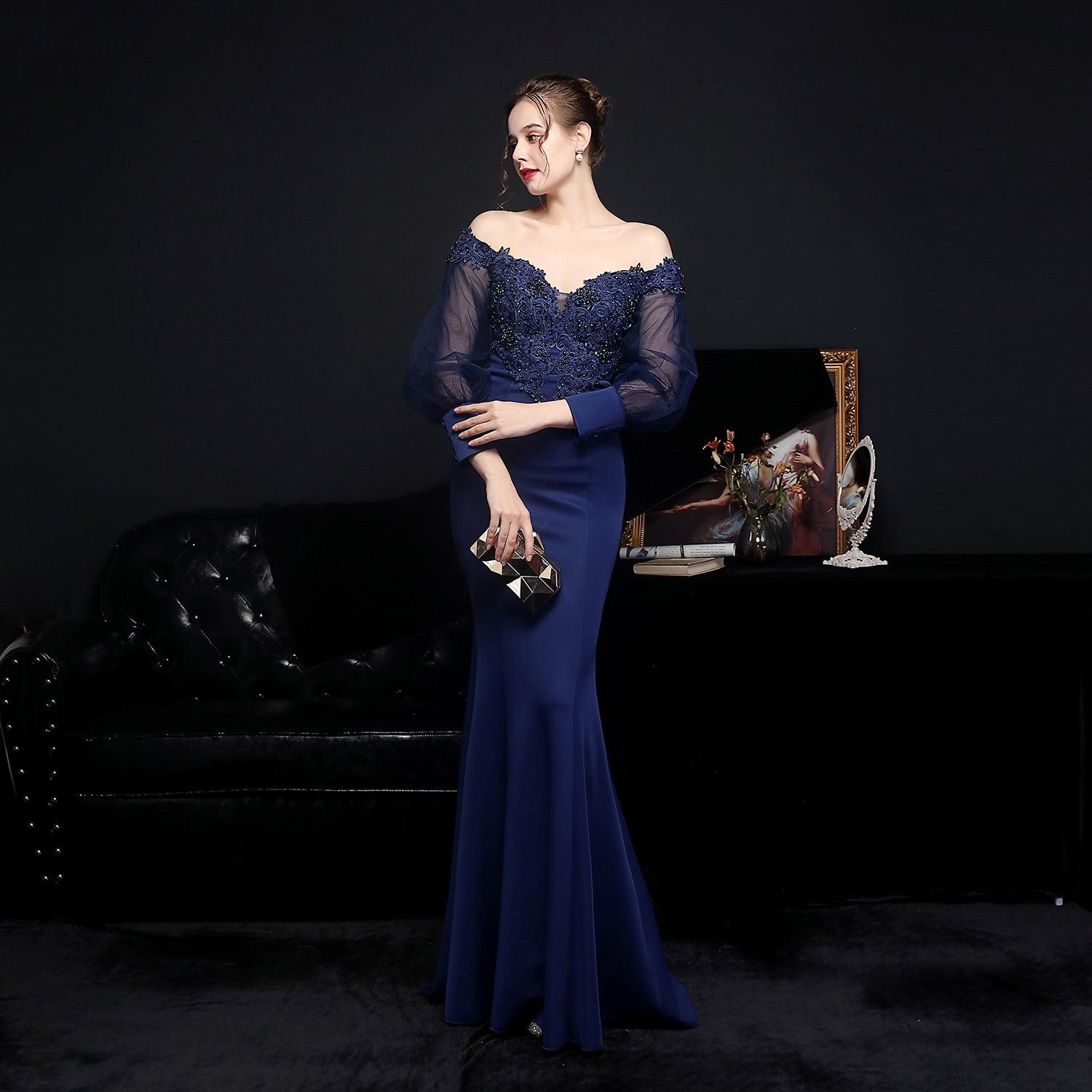 Full Craft Lace Hot Long-sleeved Evening Dress Tail Skirt - Almoni Express