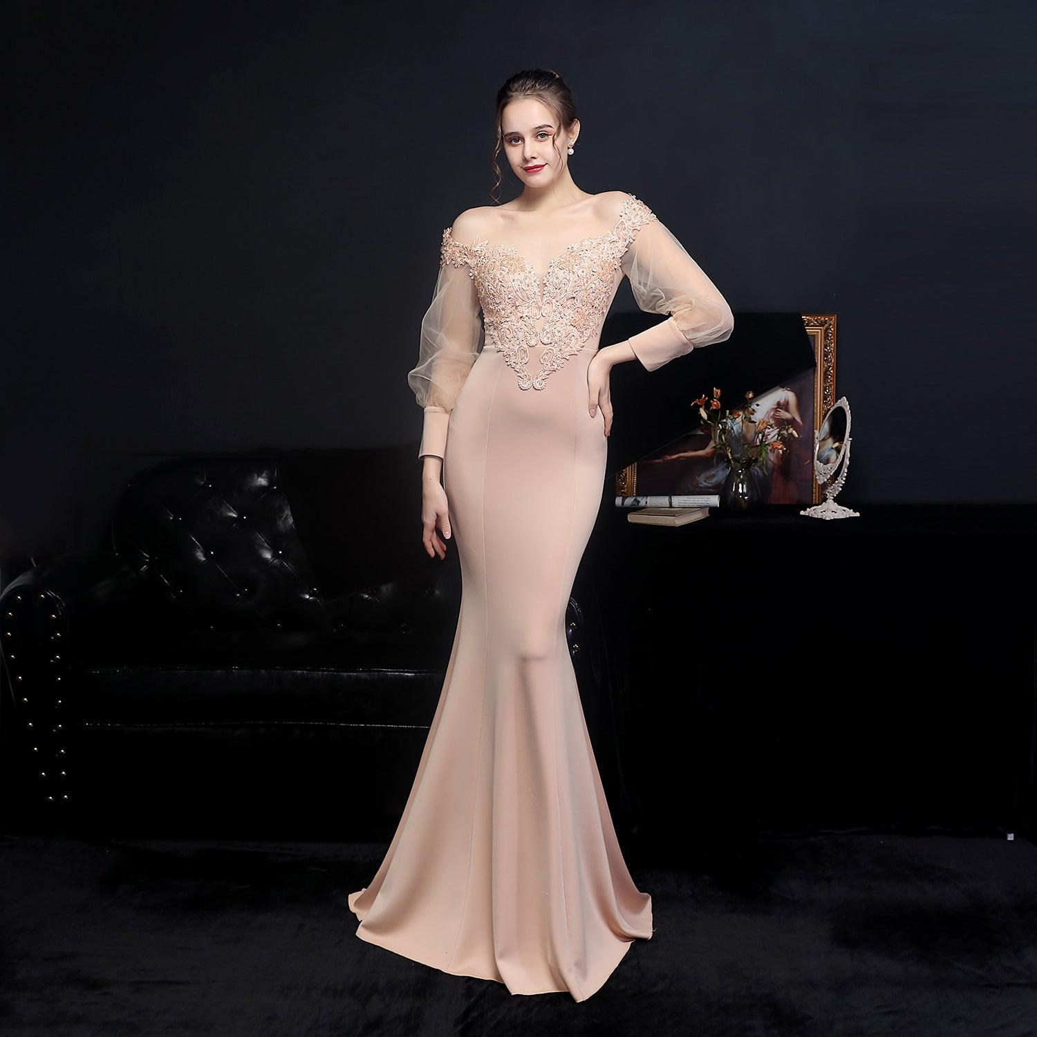 Full Craft Lace Hot Long-sleeved Evening Dress Tail Skirt - Almoni Express