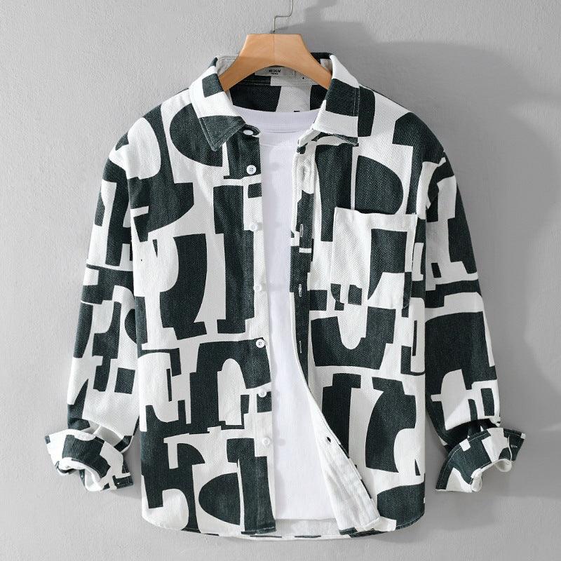 Geometric Contrast Color Printing Stylish Long Sleeve Shirt - AL MONI EXPRESS