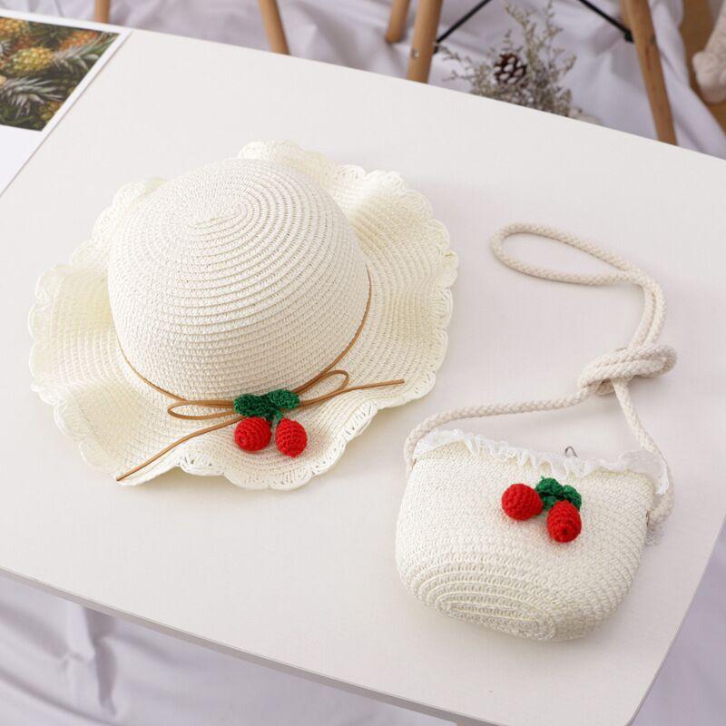 Girl Cherry Straw Hat Bag Set Princess Hat Beach Hat Sun Hat - Almoni Express