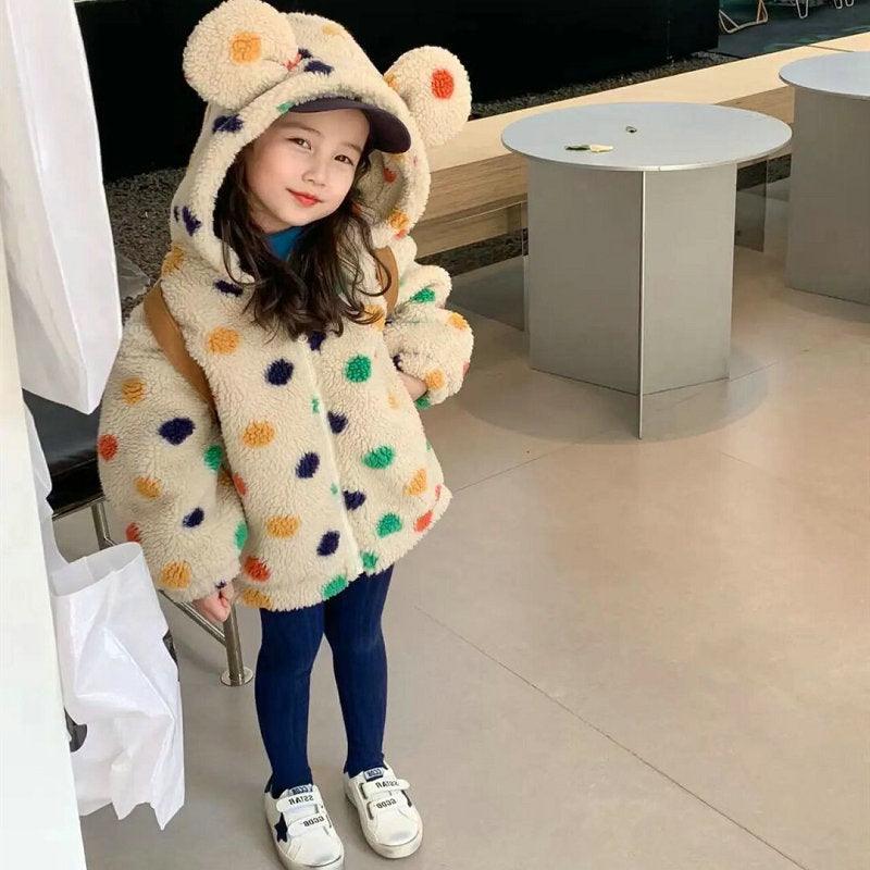 Girls' Coat Rainbow Dot Hooded Big Ears Fleece-lined - Almoni Express