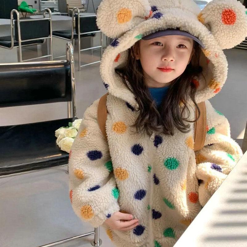 Girls' Coat Rainbow Dot Hooded Big Ears Fleece-lined - Almoni Express