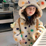 Girls' Coat Rainbow Dot Hooded Big Ears Fleece-lined - Almoni Express