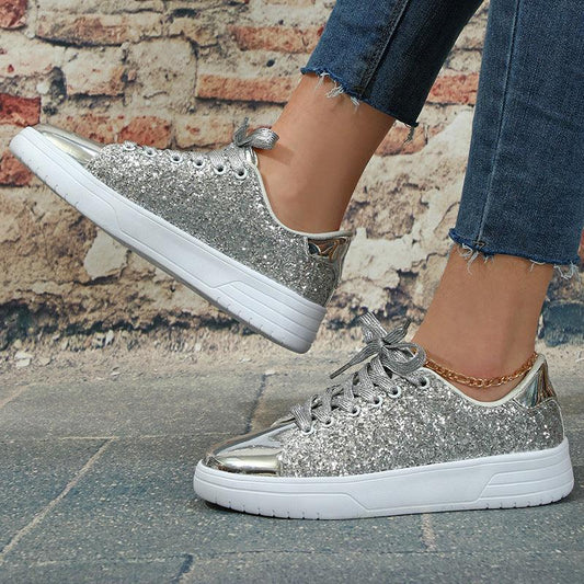 Glitter Sequin Design Flats Shoes Women Trendy Casual Thick-soled Lace-up Sneakers Fashion Skateboard Shoes - AL MONI EXPRESS