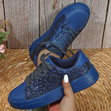 Glitter Sequin Design Flats Shoes Women Trendy Casual Thick-soled Lace-up Sneakers Fashion Skateboard Shoes - AL MONI EXPRESS