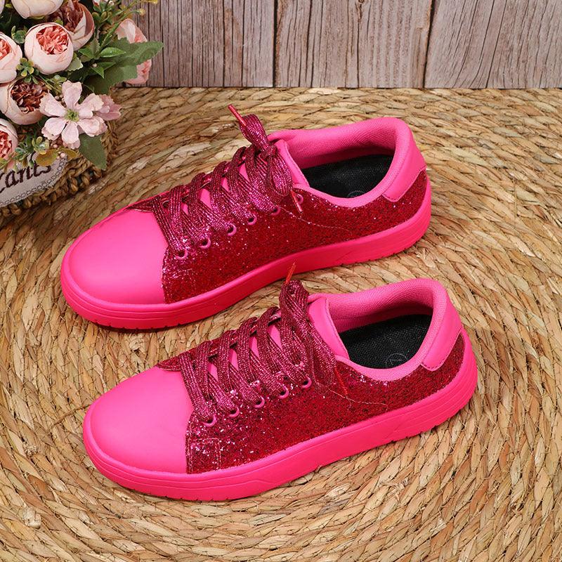 Glitter Sequin Design Flats Shoes Women Trendy Casual Thick-soled Lace-up Sneakers Fashion Skateboard Shoes - AL MONI EXPRESS