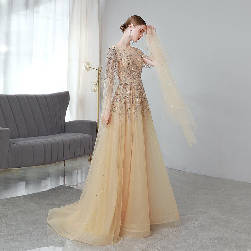 Gold High End Flying Sleeve Long Evening Dress - Almoni Express