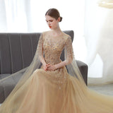 Gold High End Flying Sleeve Long Evening Dress - Almoni Express