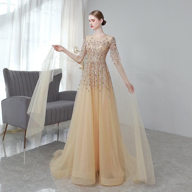 Gold High End Flying Sleeve Long Evening Dress - Almoni Express