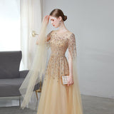 Gold High End Flying Sleeve Long Evening Dress - Almoni Express