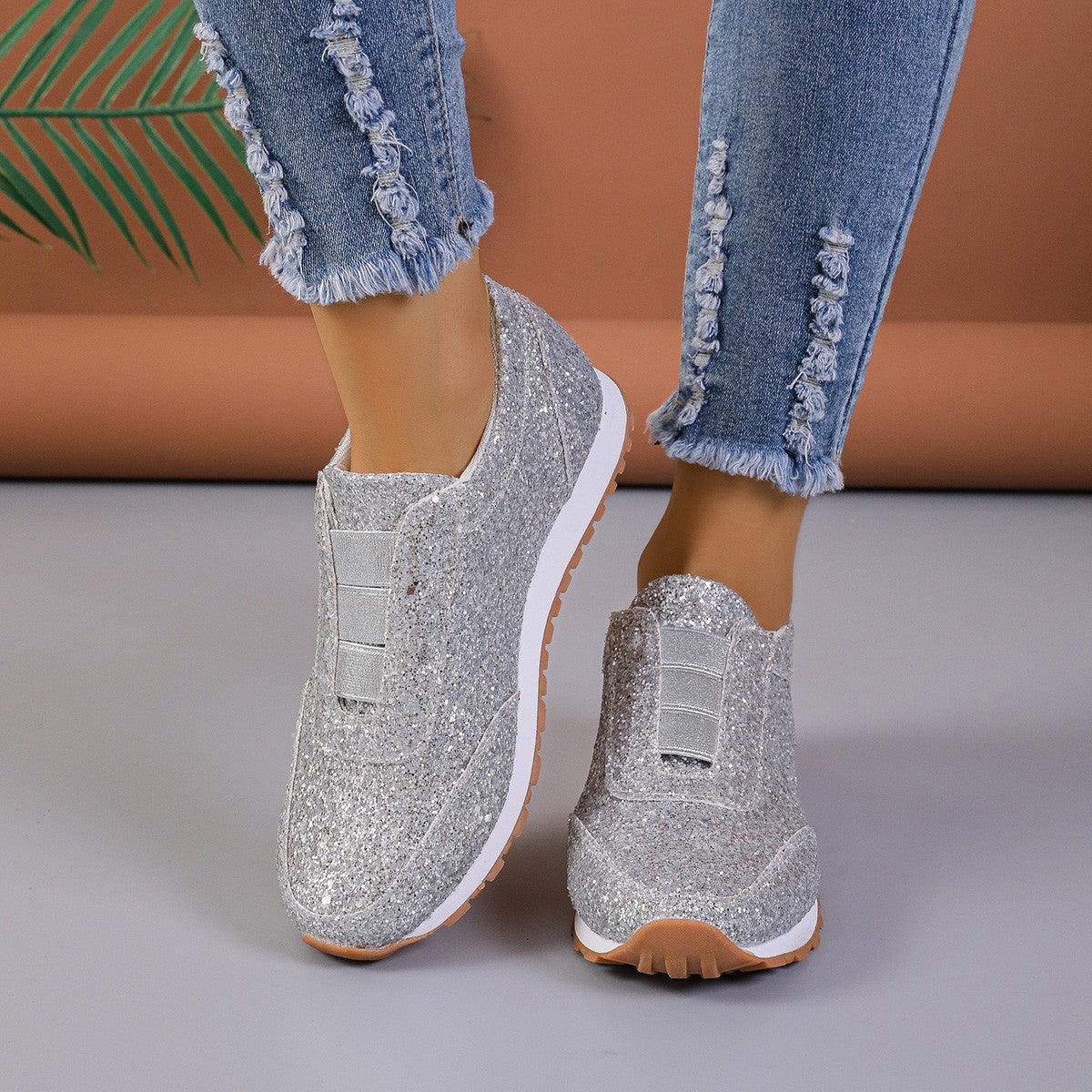 Gold Sliver Sequined Flats New Fashion Casual Round Toe Slip-on Shoes Women Outdoor Casual Walking Running Shoes - AL MONI EXPRESS