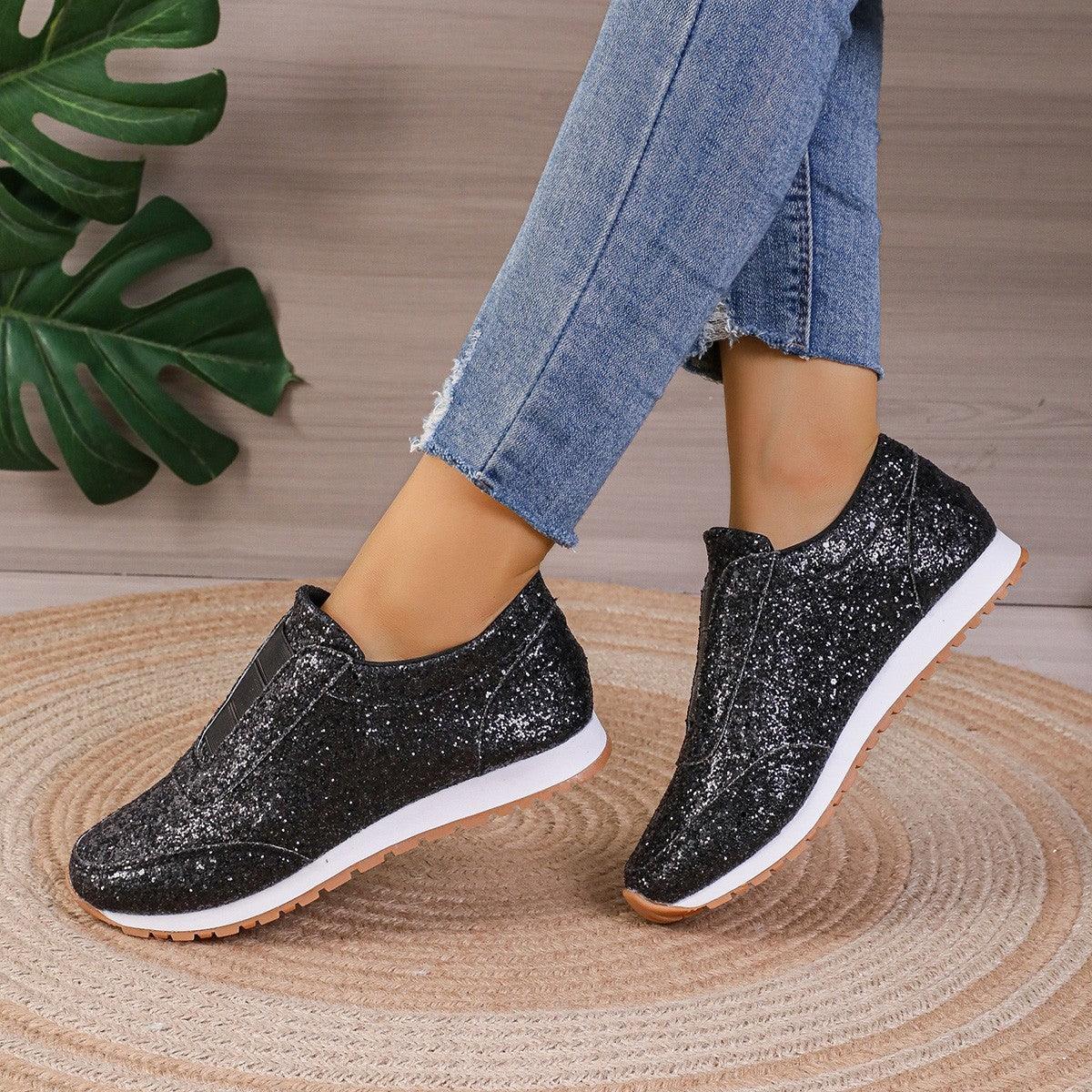 Gold Sliver Sequined Flats New Fashion Casual Round Toe Slip-on Shoes Women Outdoor Casual Walking Running Shoes - AL MONI EXPRESS