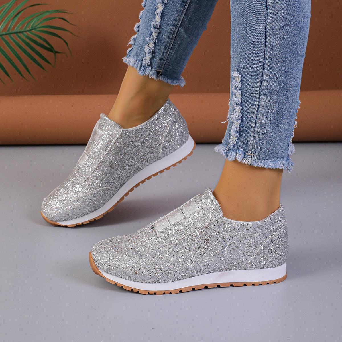 Gold Sliver Sequined Flats New Fashion Casual Round Toe Slip-on Shoes Women Outdoor Casual Walking Running Shoes - AL MONI EXPRESS