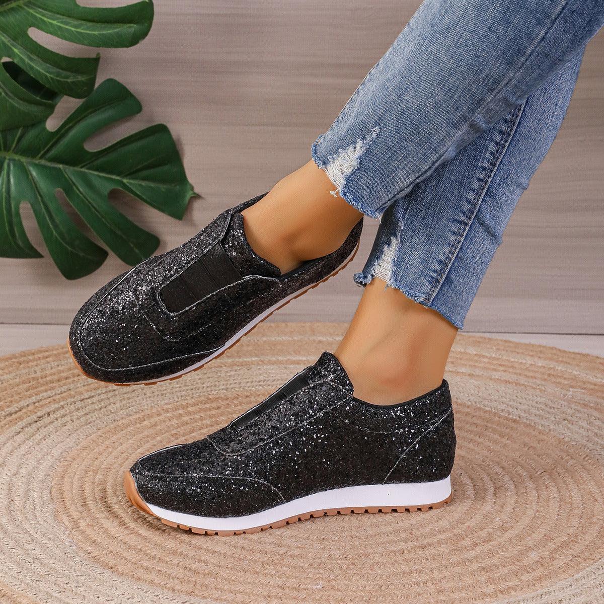 Gold Sliver Sequined Flats New Fashion Casual Round Toe Slip-on Shoes Women Outdoor Casual Walking Running Shoes - AL MONI EXPRESS