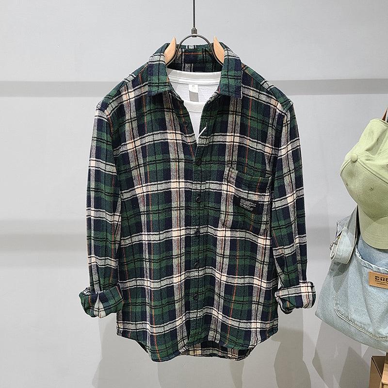 Green Plaid Cotton Long Sleeve Shirt - AL MONI EXPRESS