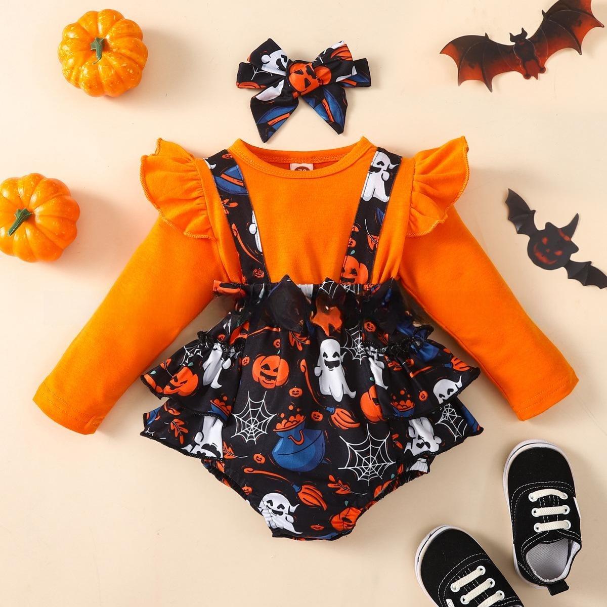 Halloween Flounced Sleeve Fake Two-piece Round Neck Long-sleeved Triangle Romper - Almoni Express