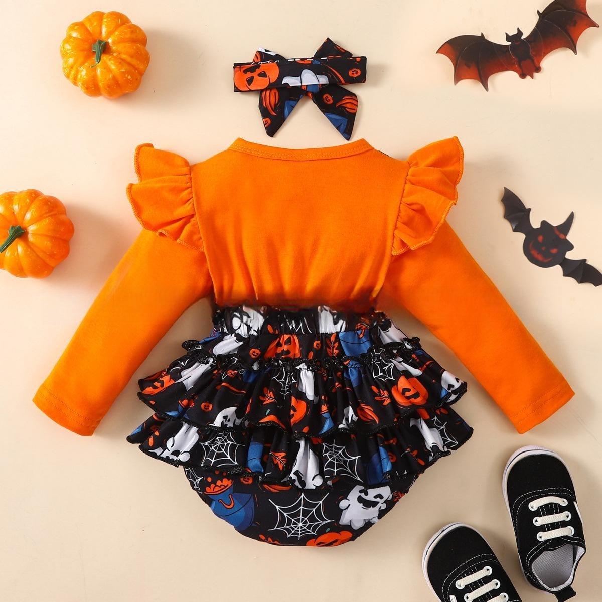 Halloween Flounced Sleeve Fake Two-piece Round Neck Long-sleeved Triangle Romper - Almoni Express