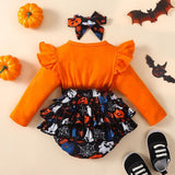 Halloween Flounced Sleeve Fake Two-piece Round Neck Long-sleeved Triangle Romper - Almoni Express