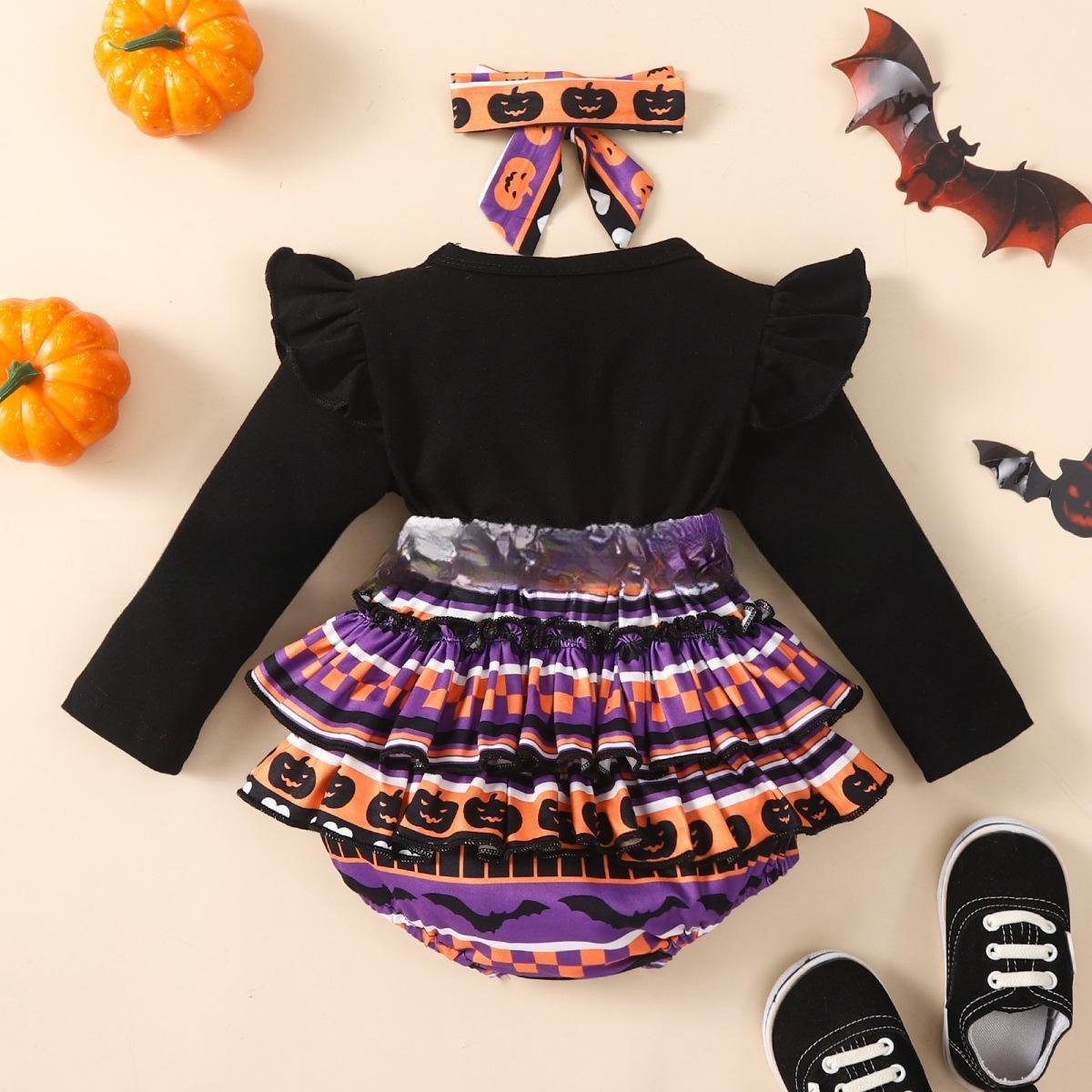 Halloween Flounced Sleeve Fake Two-piece Round Neck Long-sleeved Triangle Romper - Almoni Express